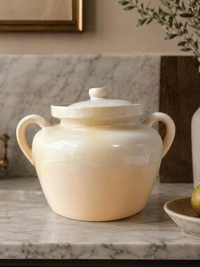 Vintage Canadian Pottery Covered Crock Jar Cream Glazed 9” Wide Rustic Farmhouse